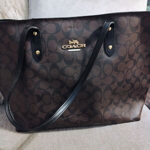 Coach Brown Monogram Tote with Leather Accents